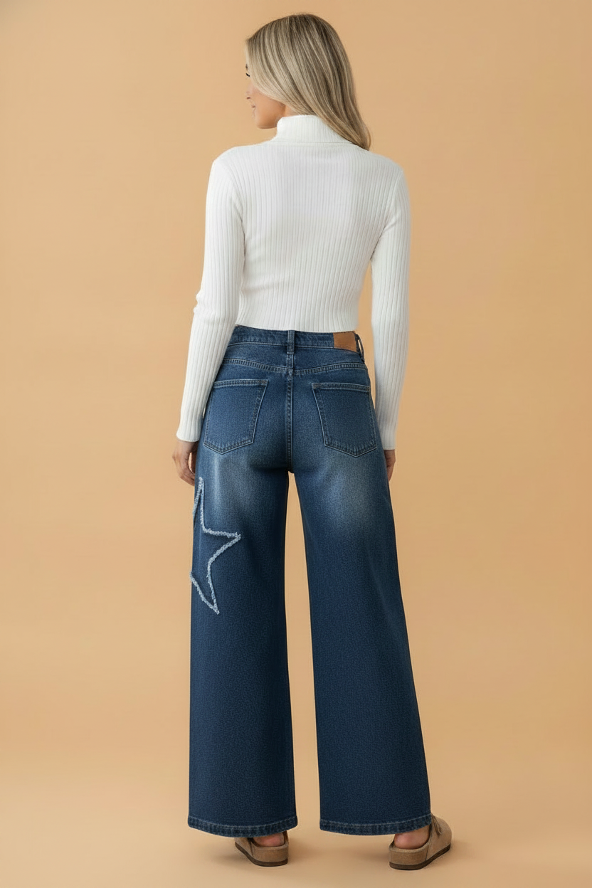 Star Patchwork High Rise Wide Leg Jeans