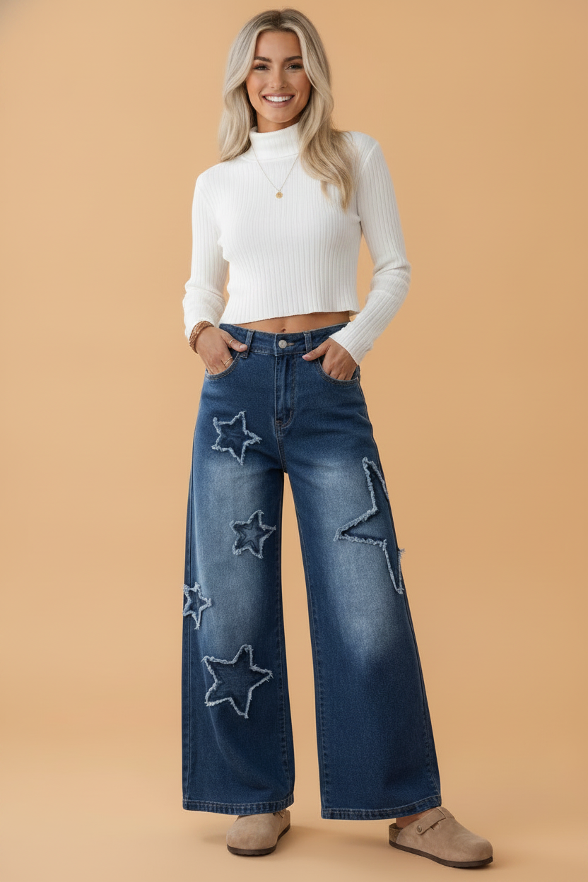 Star Patchwork High Rise Wide Leg Jeans